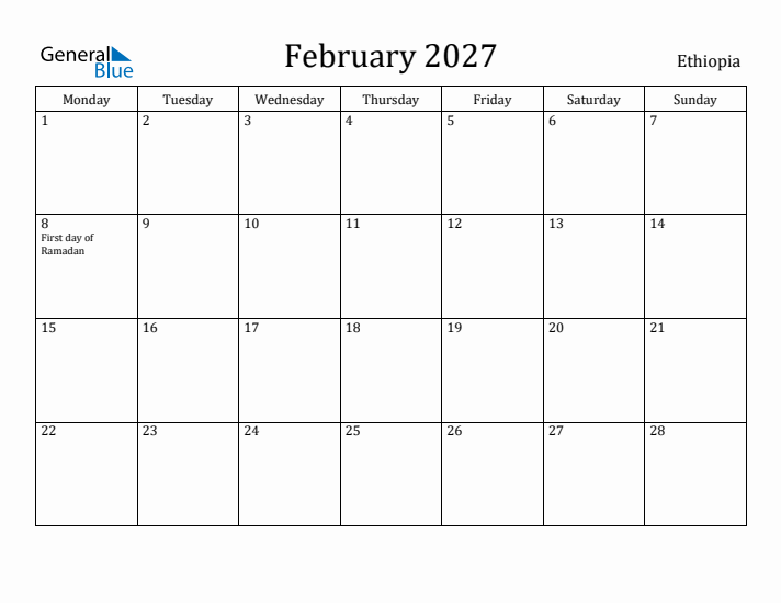 February 2027 Calendar Ethiopia