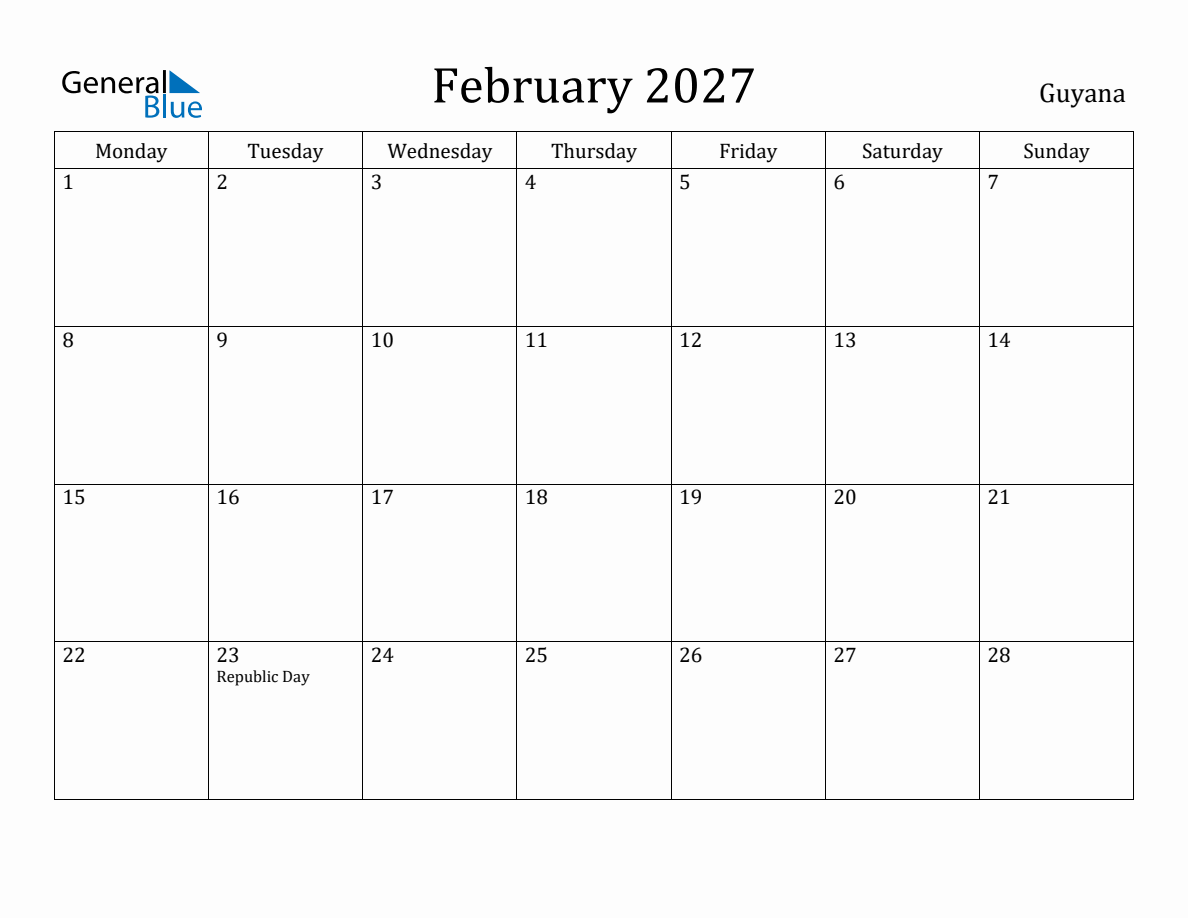 February 2027 - Guyana Monthly Calendar with Holidays