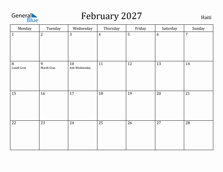 February 2027 Calendar Haiti