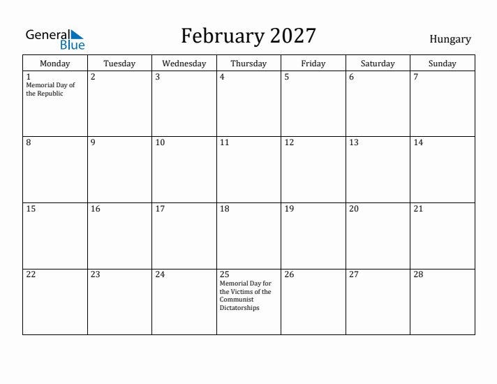 February 2027 Calendar Hungary