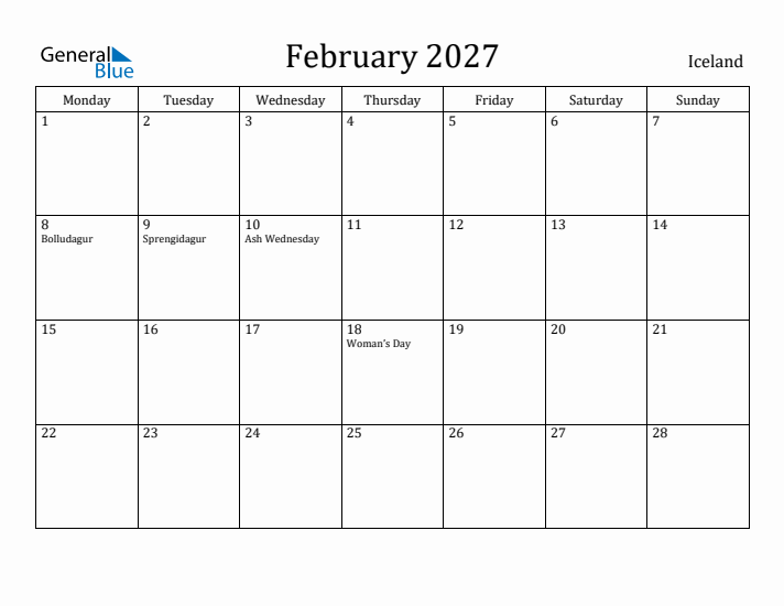 February 2027 Calendar Iceland