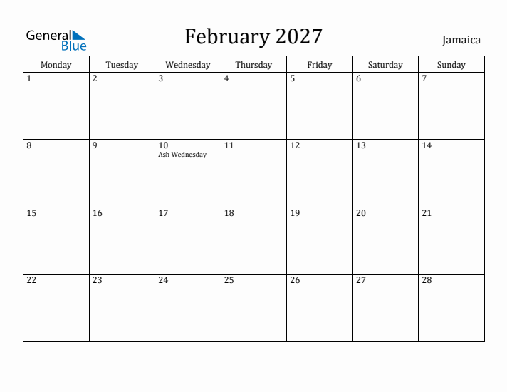 February 2027 Calendar Jamaica