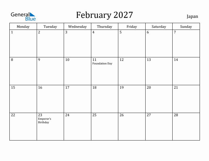 February 2027 Calendar Japan