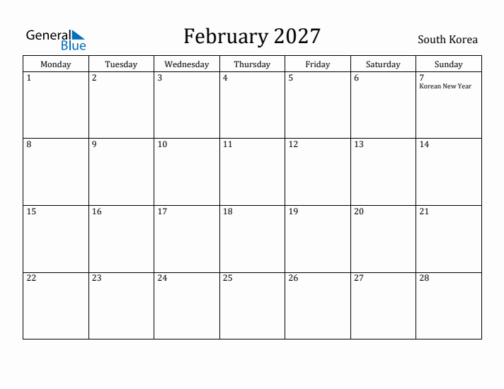 February 2027 Calendar South Korea