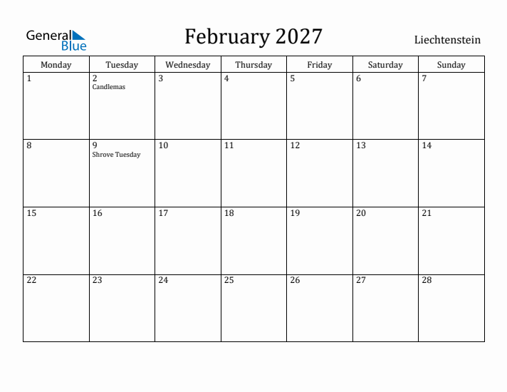 February 2027 Calendar Liechtenstein