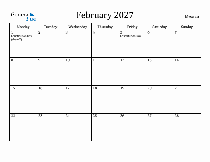 February 2027 Calendar Mexico