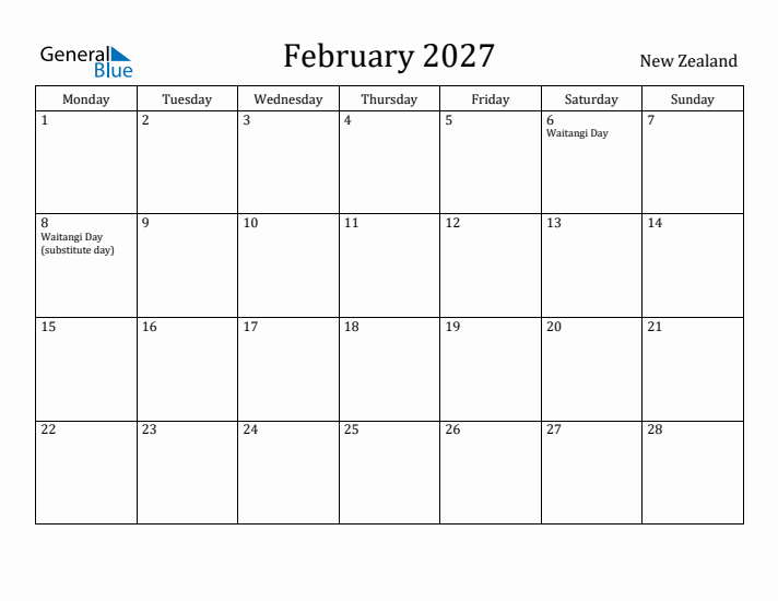 February 2027 Calendar New Zealand