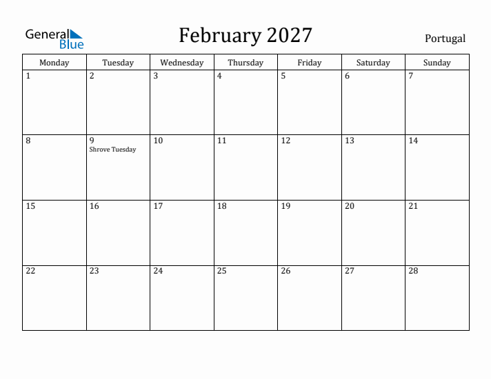 February 2027 Calendar Portugal