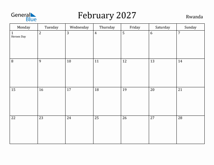 February 2027 Calendar Rwanda