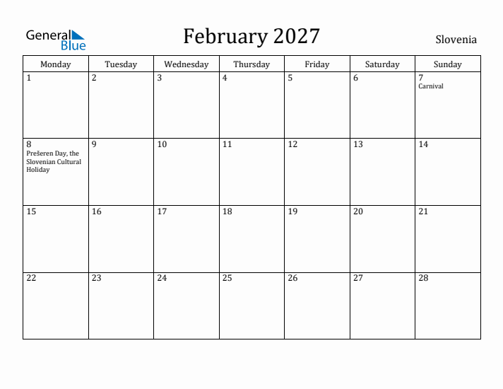 February 2027 Calendar Slovenia