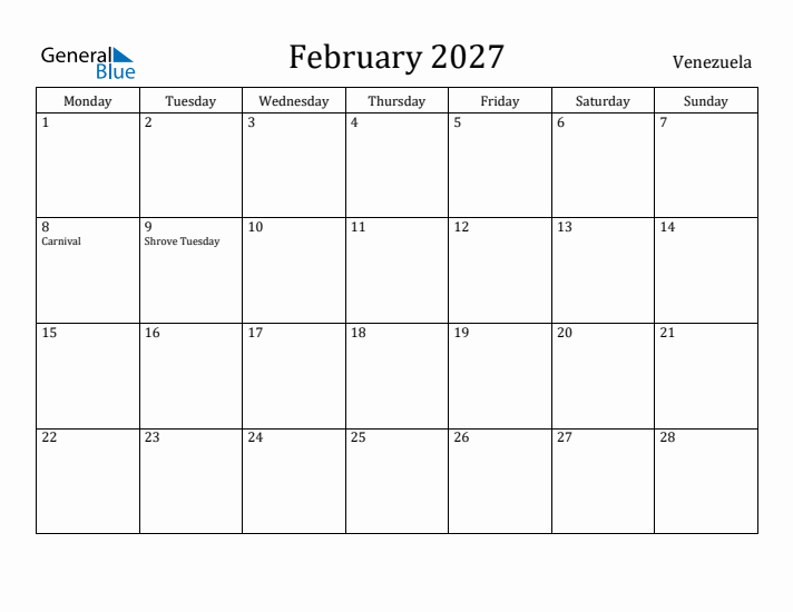 February 2027 Calendar Venezuela