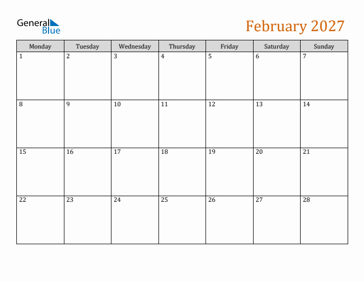 Editable February 2027 Calendar