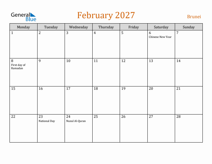 February 2027 Holiday Calendar with Monday Start