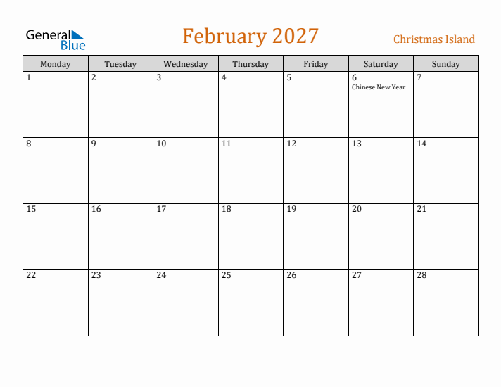 February 2027 Holiday Calendar with Monday Start
