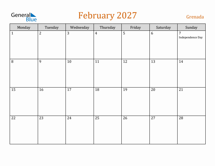 February 2027 Holiday Calendar with Monday Start