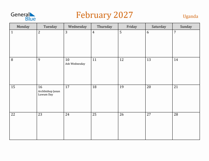 February 2027 Holiday Calendar with Monday Start