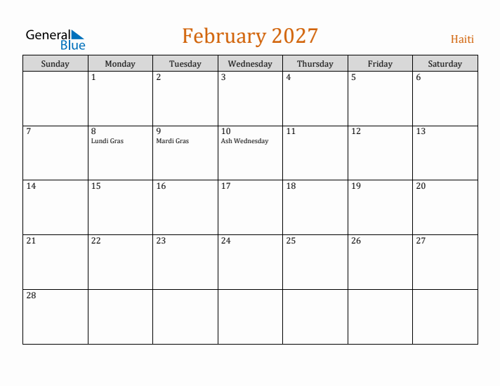 February 2027 Holiday Calendar with Sunday Start