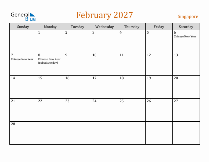 February 2027 Holiday Calendar with Sunday Start