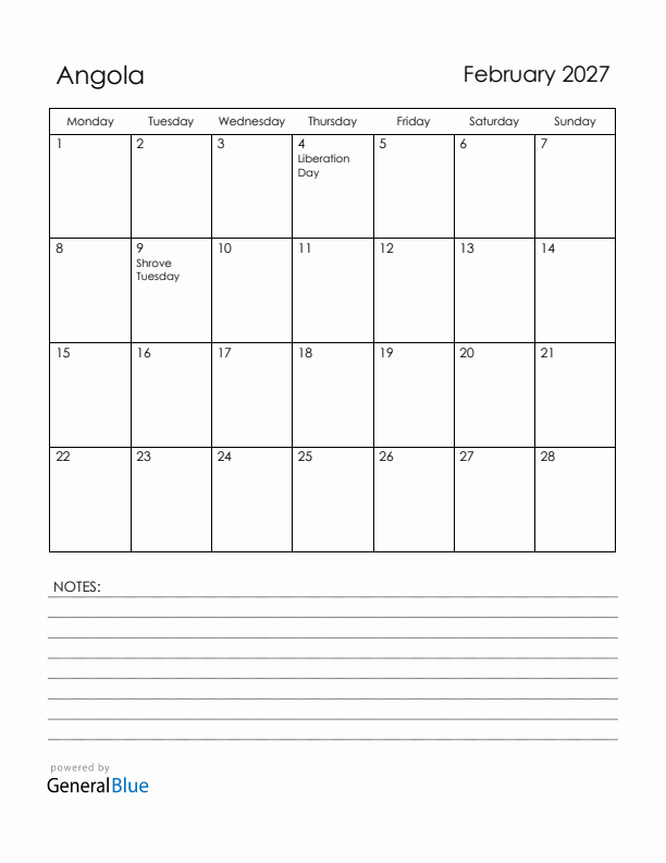 February 2027 Angola Calendar with Holidays (Monday Start)