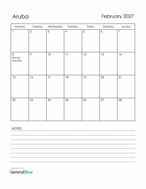 February 2027 Aruba Calendar with Holidays (Monday Start)
