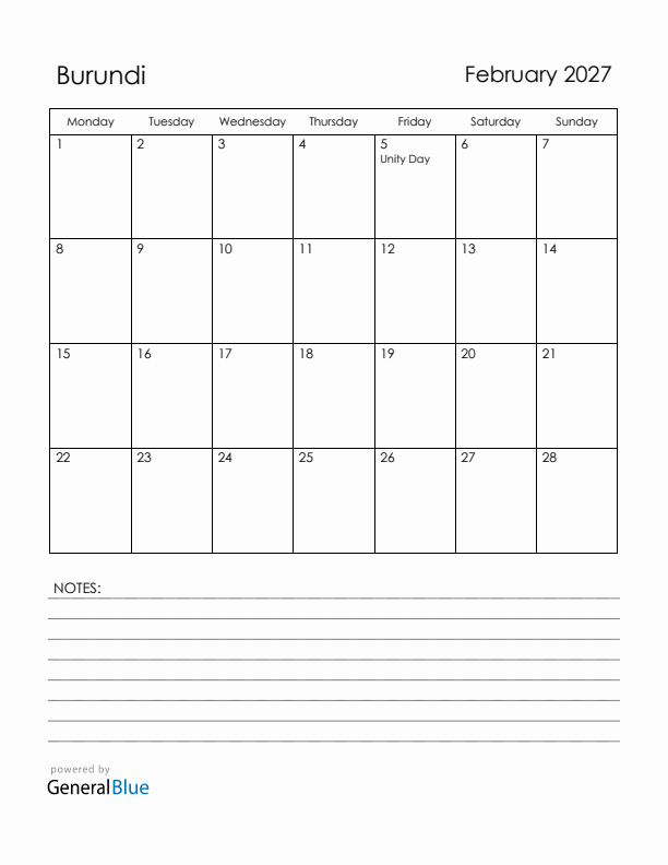 February 2027 Burundi Calendar with Holidays (Monday Start)