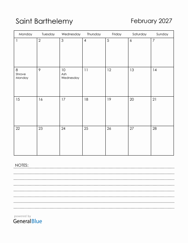 February 2027 Saint Barthelemy Calendar with Holidays (Monday Start)