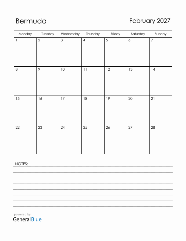 February 2027 Bermuda Calendar with Holidays (Monday Start)