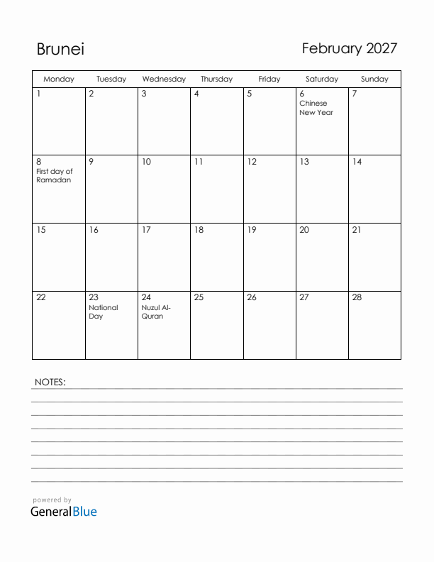 February 2027 Brunei Calendar with Holidays (Monday Start)