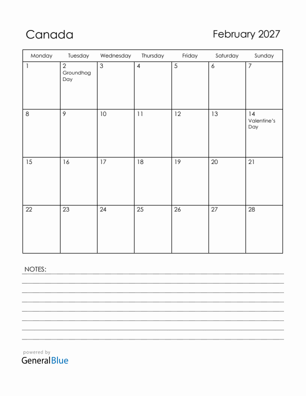 February 2027 Canada Calendar with Holidays (Monday Start)