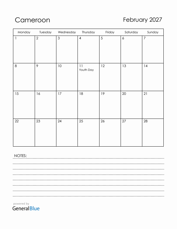 February 2027 Cameroon Calendar with Holidays (Monday Start)