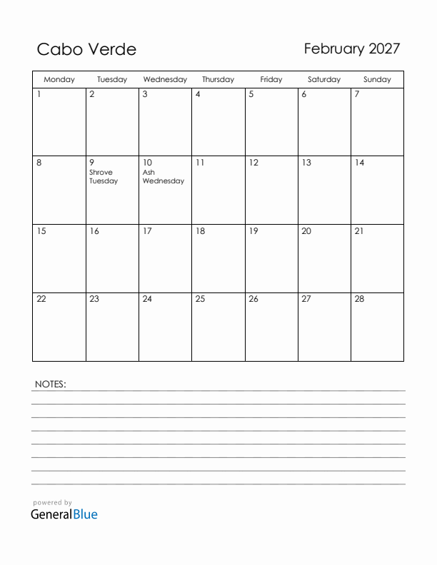 February 2027 Cabo Verde Calendar with Holidays (Monday Start)