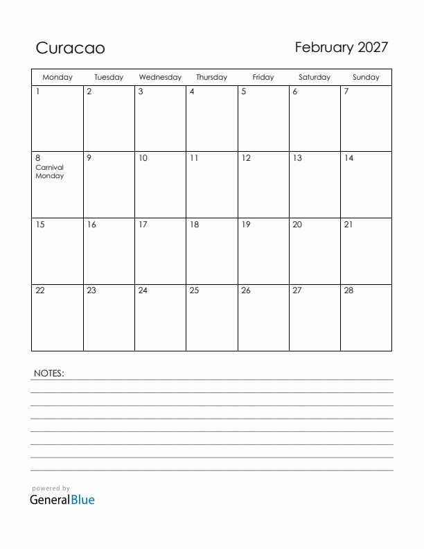 February 2027 Curacao Calendar with Holidays (Monday Start)