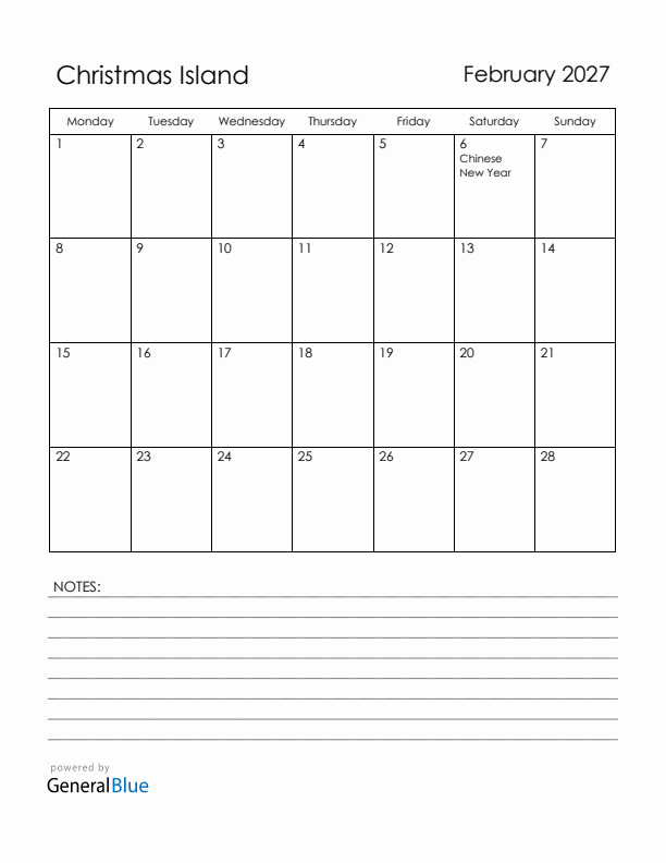 February 2027 Christmas Island Calendar with Holidays (Monday Start)