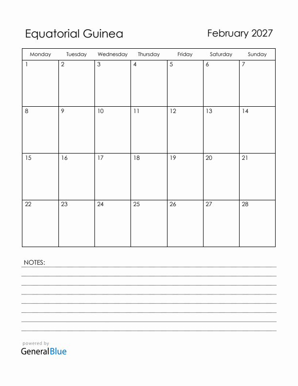 February 2027 Equatorial Guinea Calendar with Holidays (Monday Start)