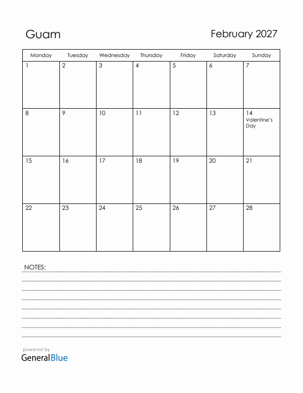 February 2027 Guam Calendar with Holidays (Monday Start)