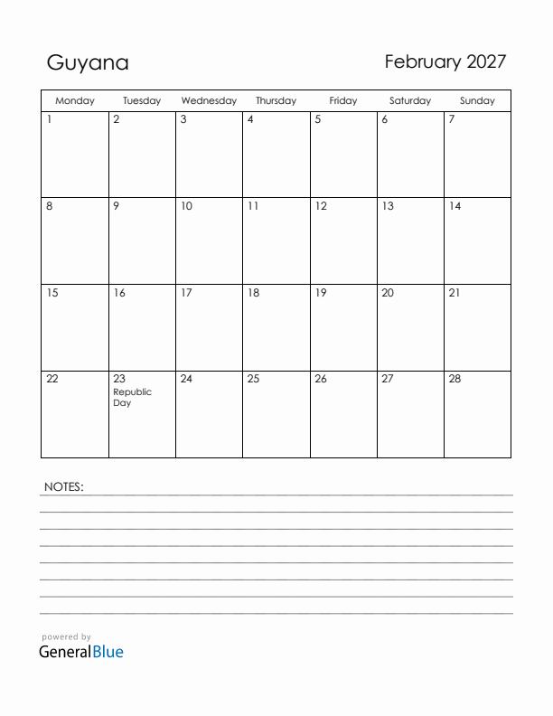 February 2027 Guyana Calendar with Holidays (Monday Start)