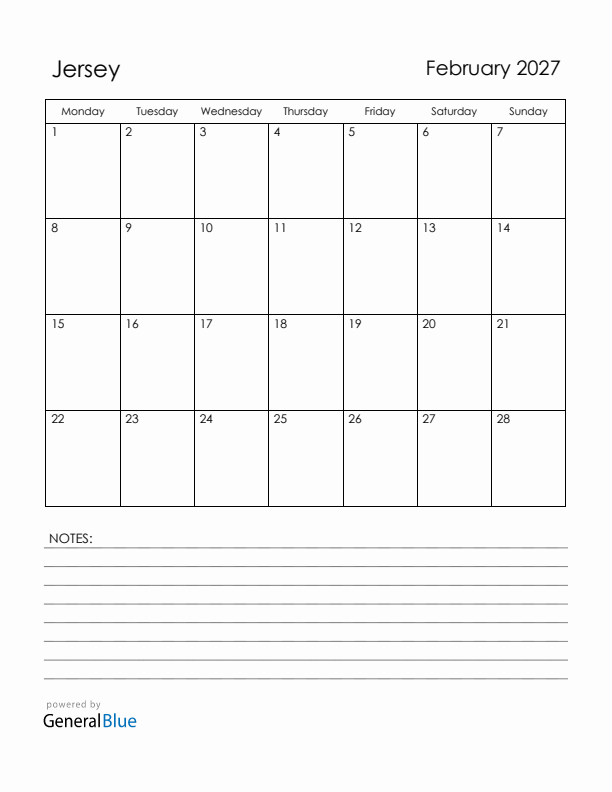 February 2027 Jersey Calendar with Holidays (Monday Start)