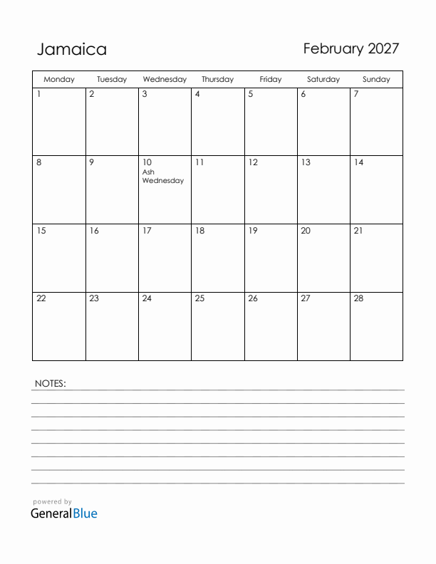 February 2027 Jamaica Calendar with Holidays (Monday Start)