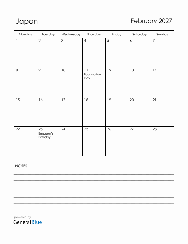 February 2027 Japan Calendar with Holidays (Monday Start)