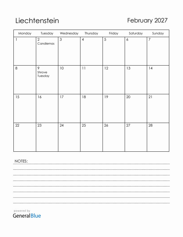 February 2027 Liechtenstein Calendar with Holidays (Monday Start)