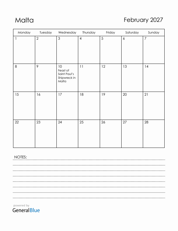 February 2027 Malta Calendar with Holidays (Monday Start)