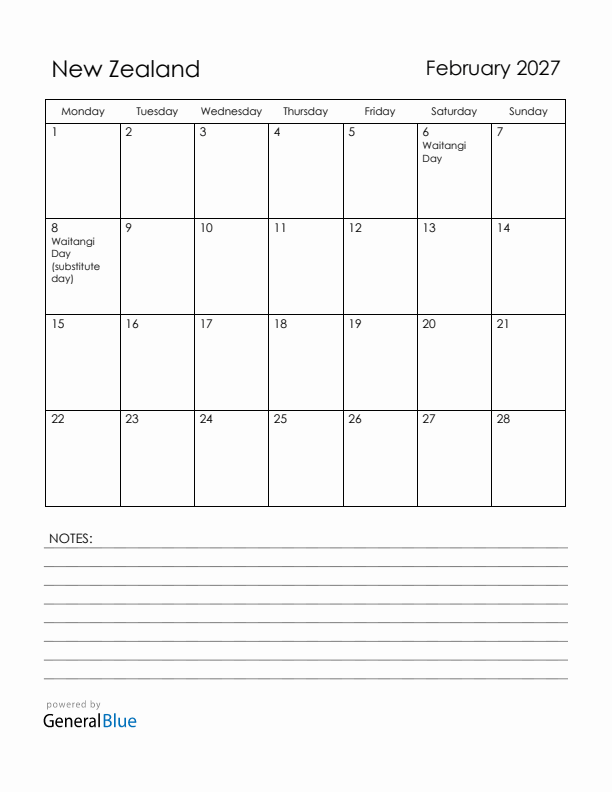 February 2027 New Zealand Calendar with Holidays (Monday Start)