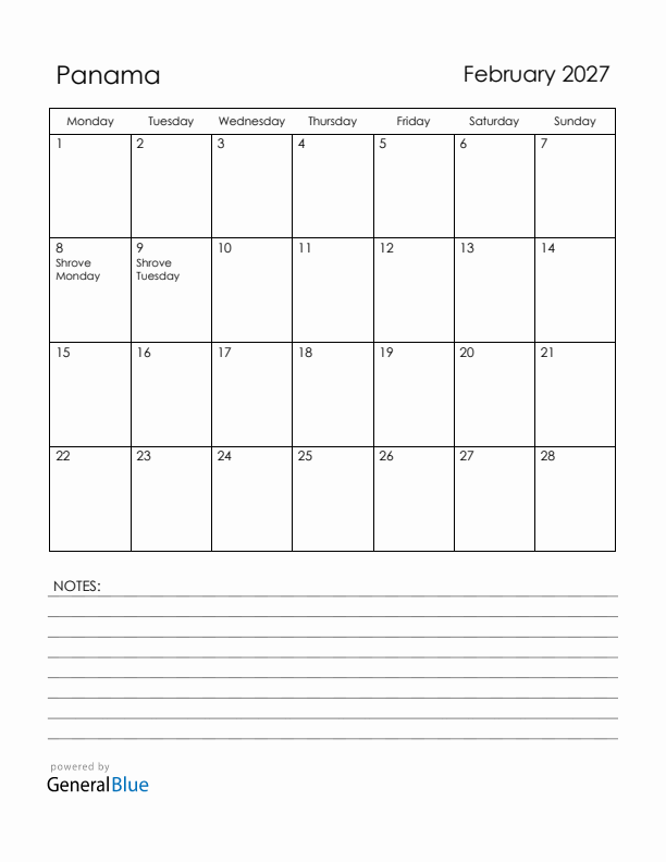 February 2027 Panama Calendar with Holidays (Monday Start)
