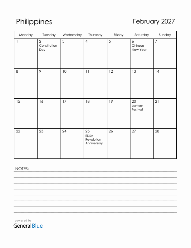 February 2027 Philippines Calendar with Holidays (Monday Start)