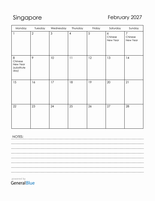 February 2027 Singapore Calendar with Holidays (Monday Start)