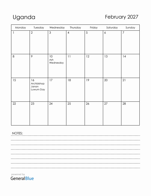 February 2027 Uganda Calendar with Holidays (Monday Start)