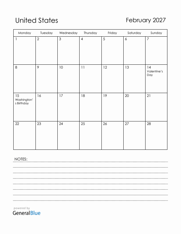 February 2027 United States Calendar with Holidays (Monday Start)