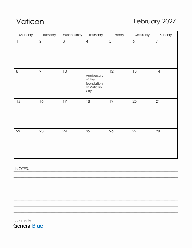 February 2027 Vatican Calendar with Holidays (Monday Start)