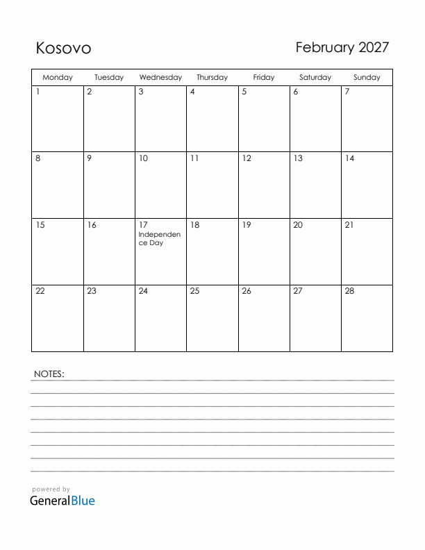 February 2027 Kosovo Calendar with Holidays (Monday Start)