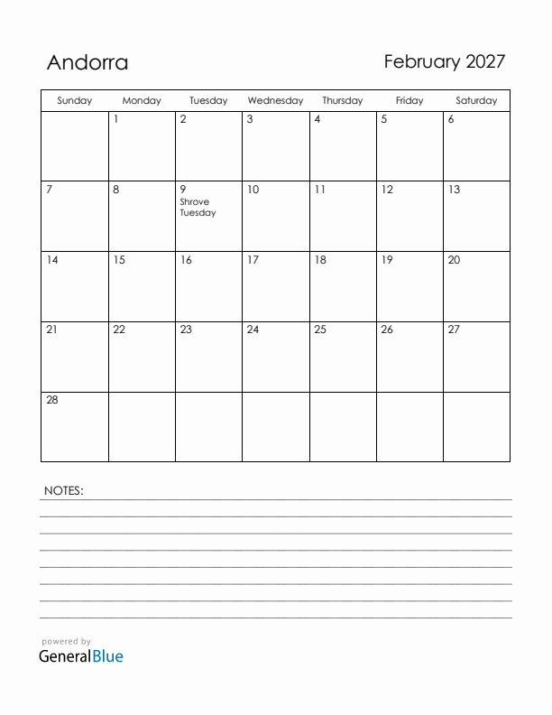February 2027 Andorra Calendar with Holidays (Sunday Start)